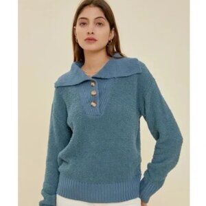 NWT Slate Blue Soft Cuddle Boucle Ribbed Collar Henley Sweater
